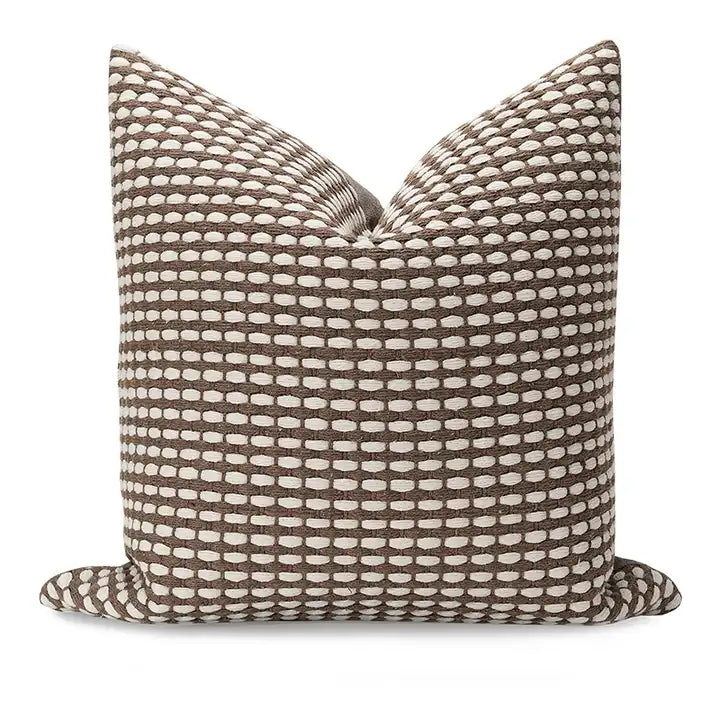 	•	“Textured brown and ivory throw pillow cover with dot pattern”
	•	“Woven cotton pillow cover on white background”
	•	“Neutral accent pillow for sofa or bed”
