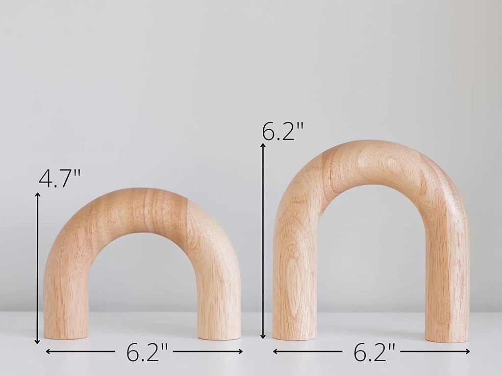 Handcrafted wooden arch with visible wood grain and dimension annotations
